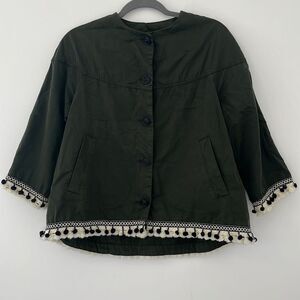 ZARA Green Button Front Pompom Trim Cotton Twill Jacket XS